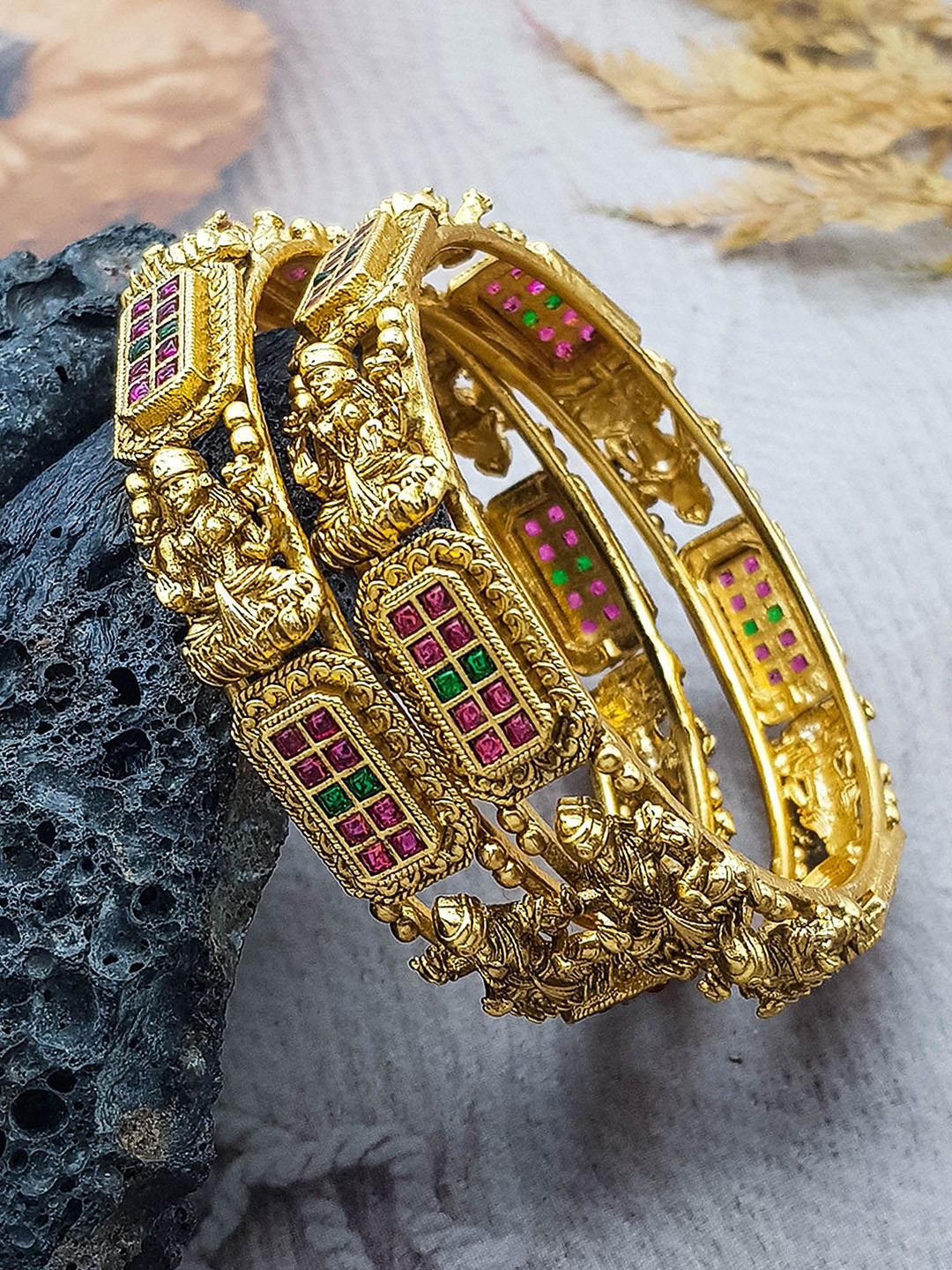 GRIIHAM Set Of 2 Gold-Plated AD-Studded Laxmi Bangles