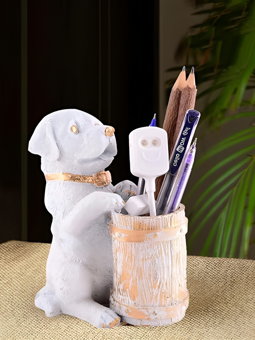 Zart Dog Shaped Pen Stand White Polyresin Matte Bedroom Small Showpiece - 6 Inches