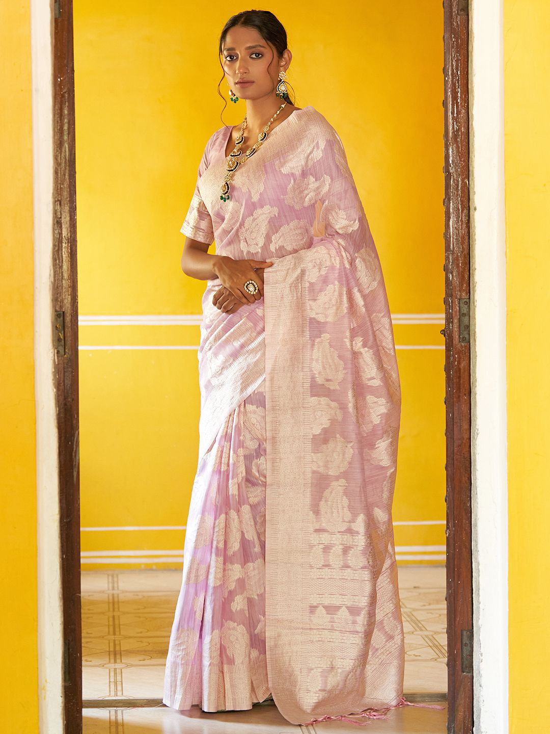 KALINI  Lavender Linen Blend  Paisley Saree with Unstitched Blouse Piece