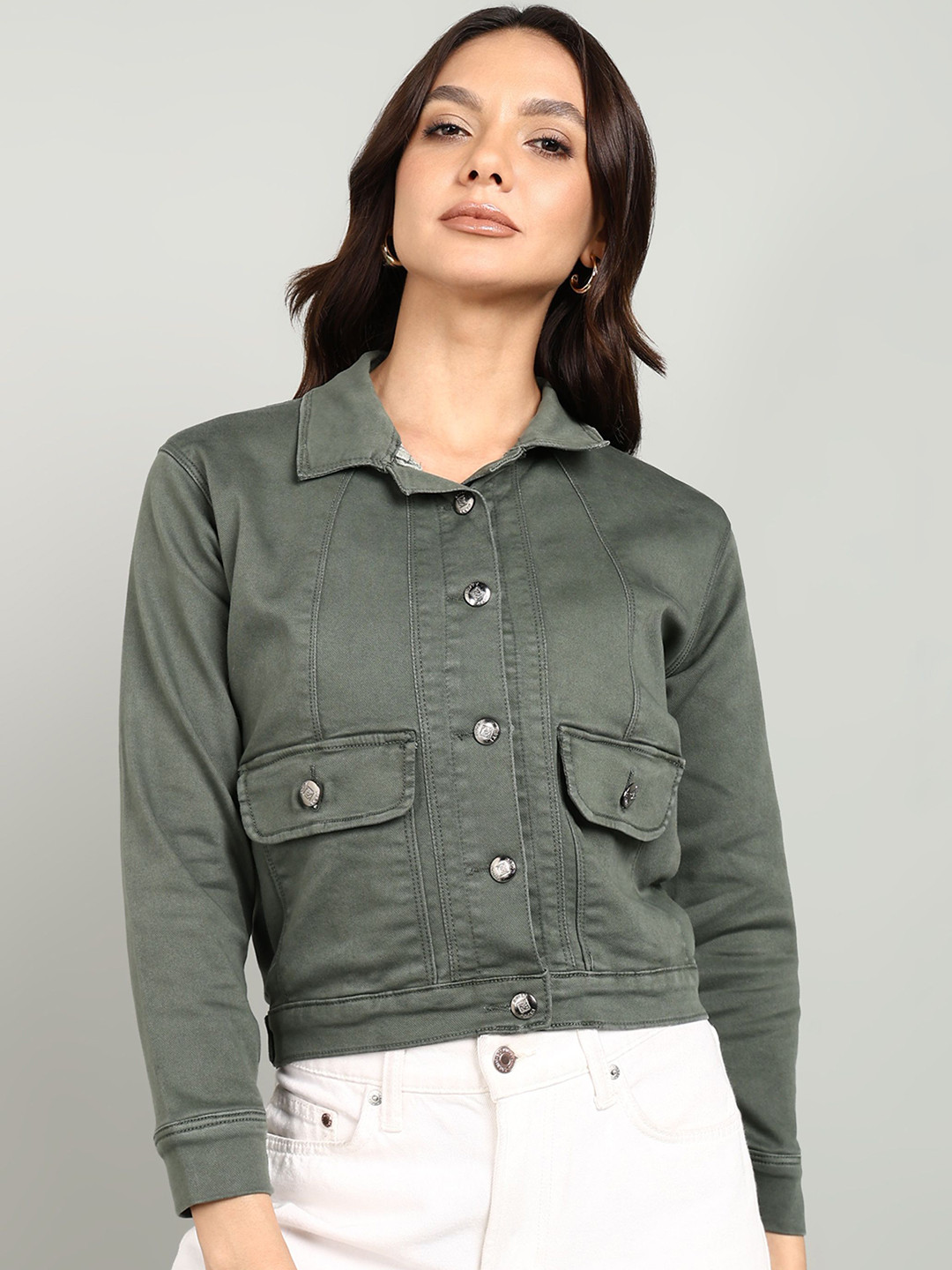 Nifty Women Spread Collar Solid Cotton Casual Denim Jacket