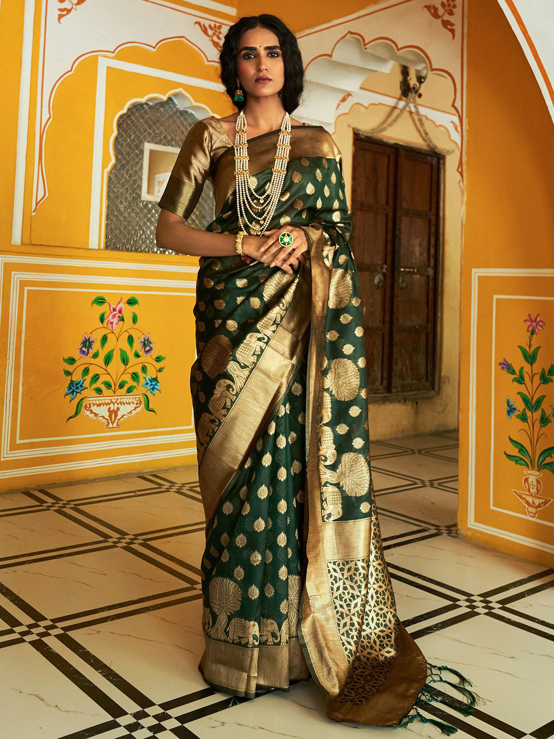 KALINI  Dark Green Organza  Ethnic Motifs Saree with Unstitched Blouse Piece
