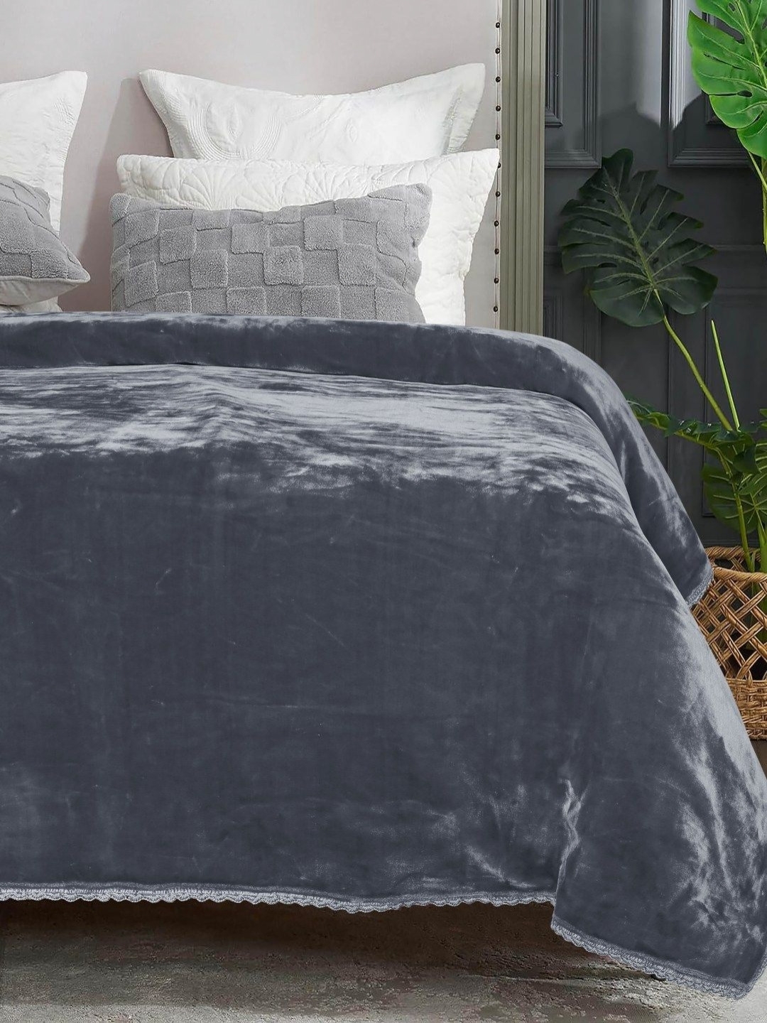 Saral Home Grey Mink Soft Double Sided Heavy Crochet Lace 2 Layer Double Bed Blanket