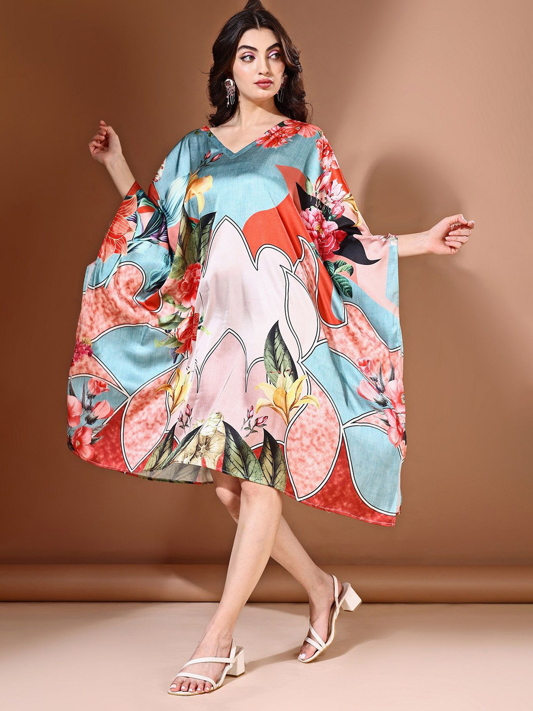 LABEL AARNA Ocean Bloom Soft Satin Short Kaftan