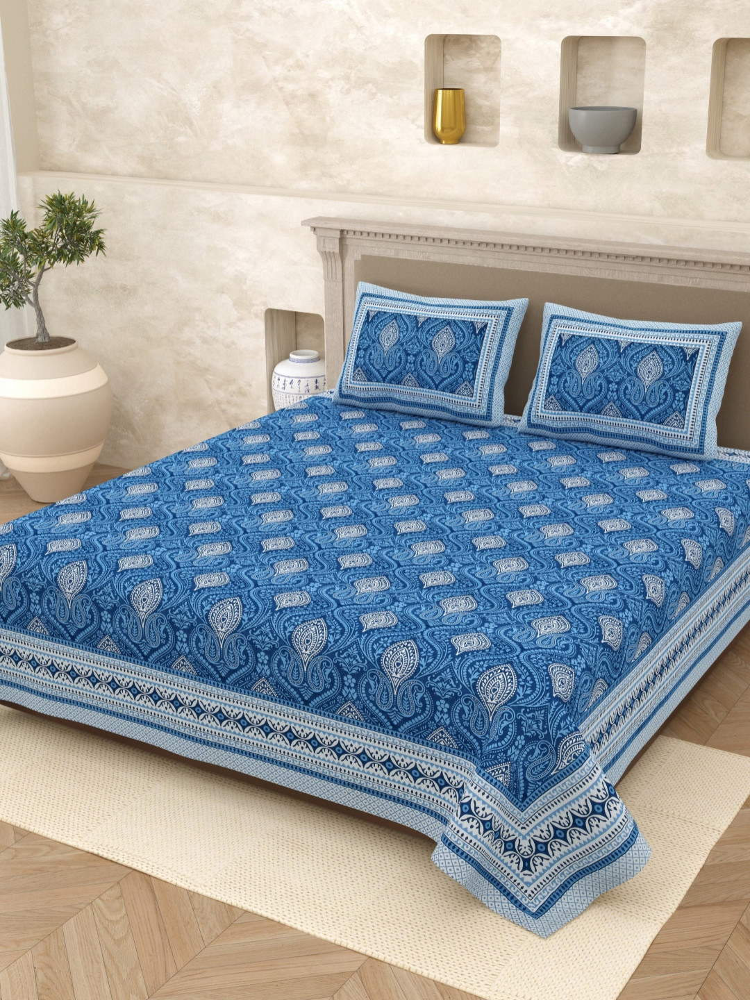 Aura Elegant Selection Blue Ethnic Motifs Pure Cotton 210 TC Queen Fine Bedsheet with 2 Pillow Covers-90 x 102 inches