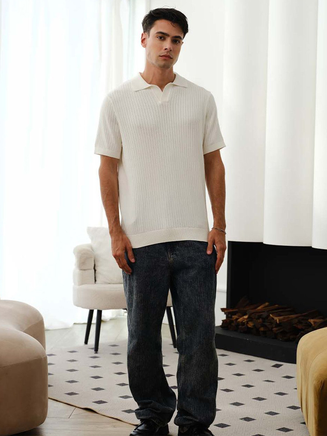 Off White Polo Collar Men T-shirt