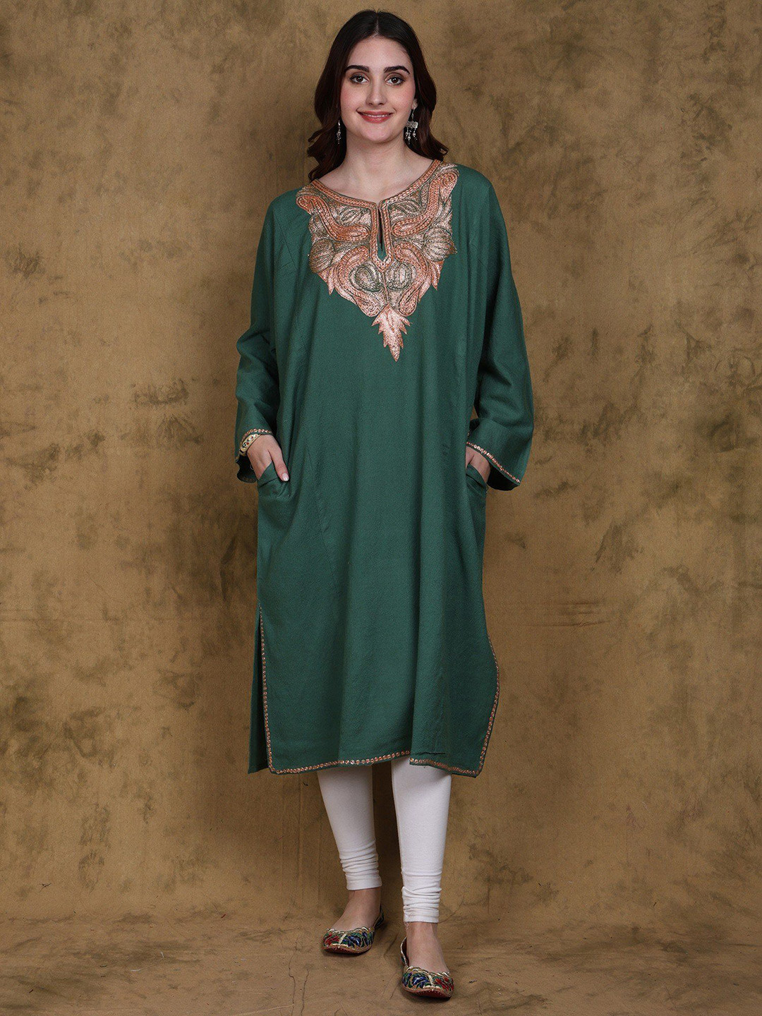 Exotic India Bottle Green Wool Kashmiri Phiran with Intricate Tilla Embroidery