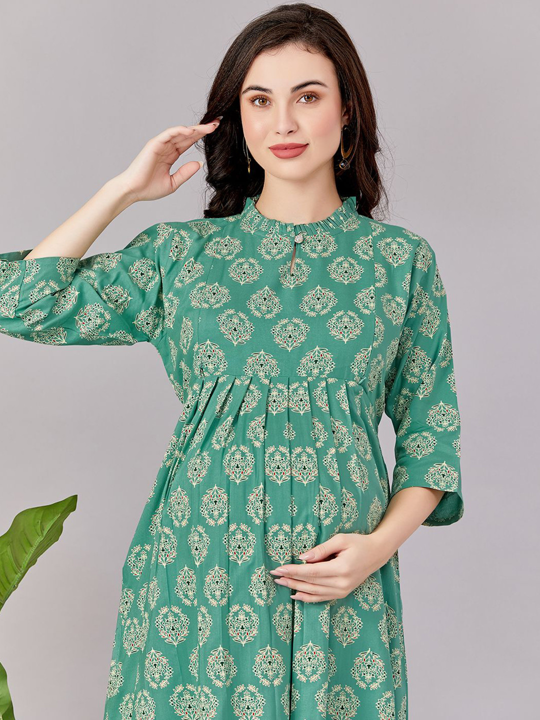 LOVELY MOM'S Ethnic Motifs Printed Mandarin Collar Maternity Fit & Flare Dress