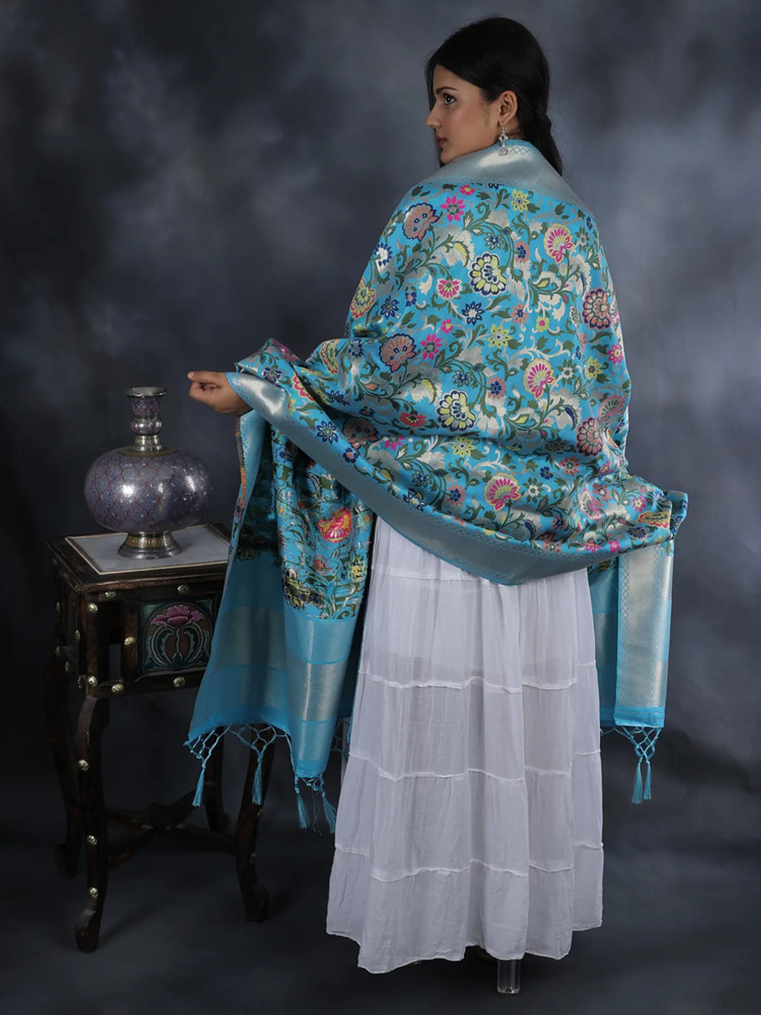 Exotic India River Blue Brocade Art Silk Dupatta with Woven Floral Motifs All-Over