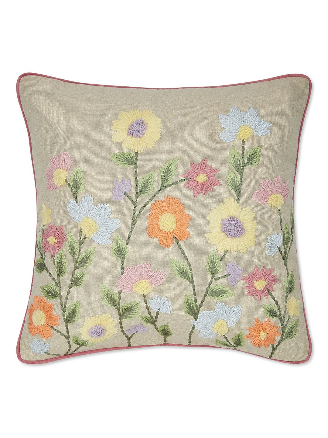 haus & kinder Wildflower Bunch Beige & Yellow Floral Embroidered Square Cushion Cover
