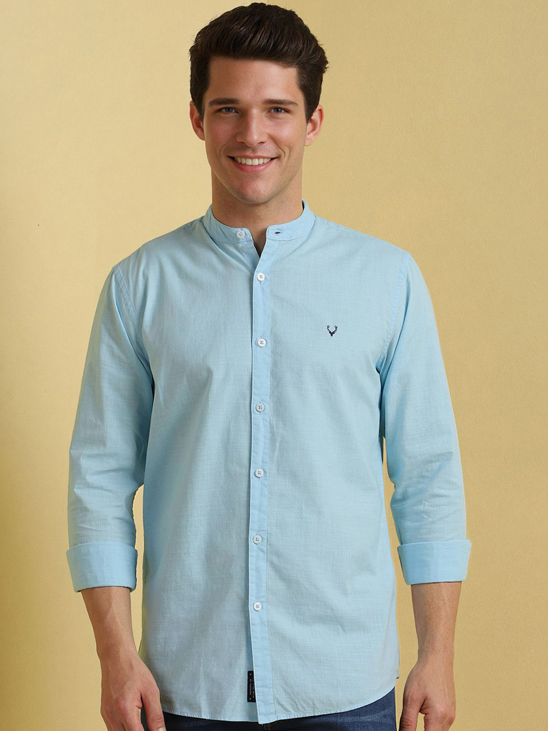 Allen Solly Men Custom Fit Band Collar Solid Cotton Casual Shirt