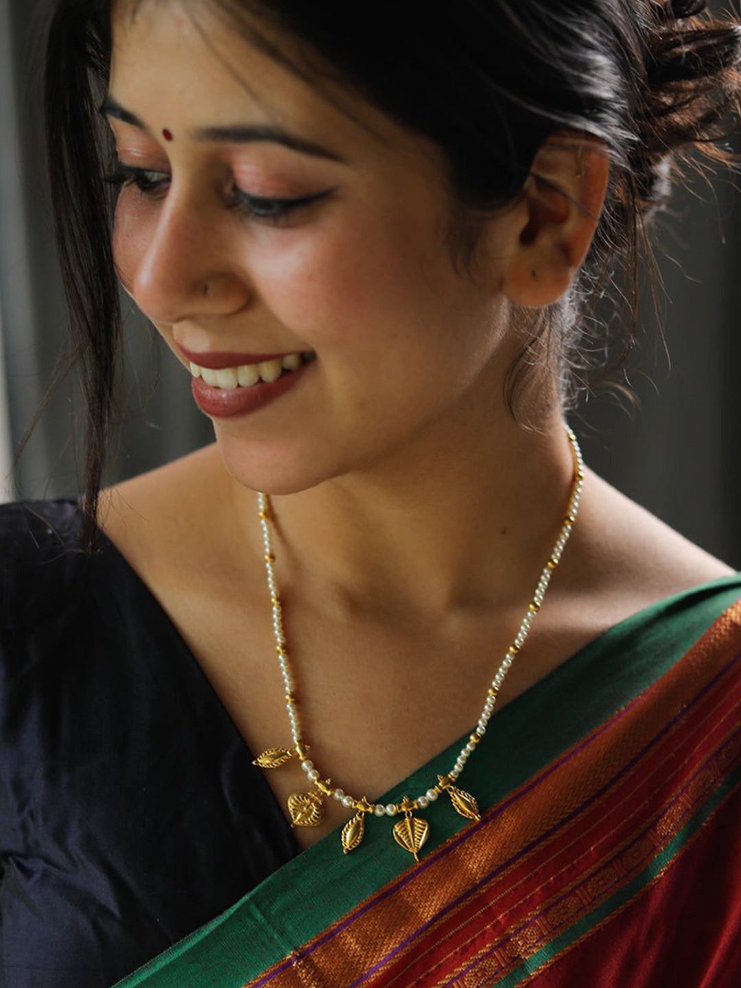 House of Aadyaa Sterling Silver 92.5 Gold Plated Pearl Studded Leaf & Badam Motif Necklace