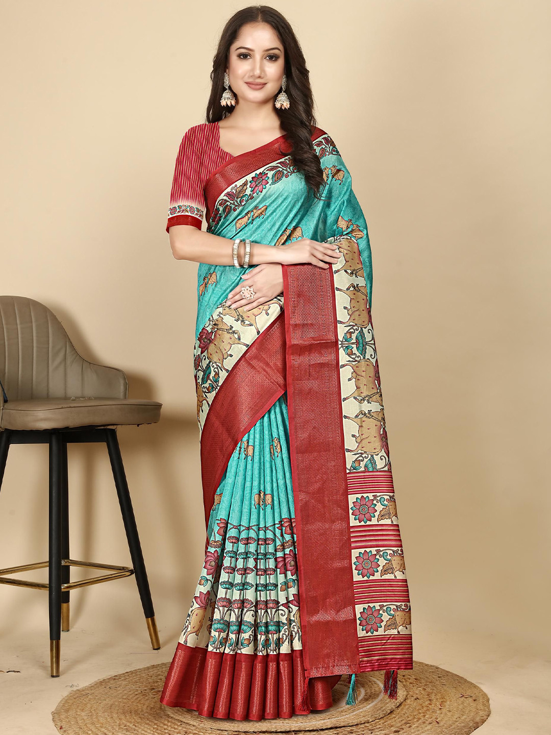 J 6 DESIGNER Floral Zari Art Silk Block Print Saree