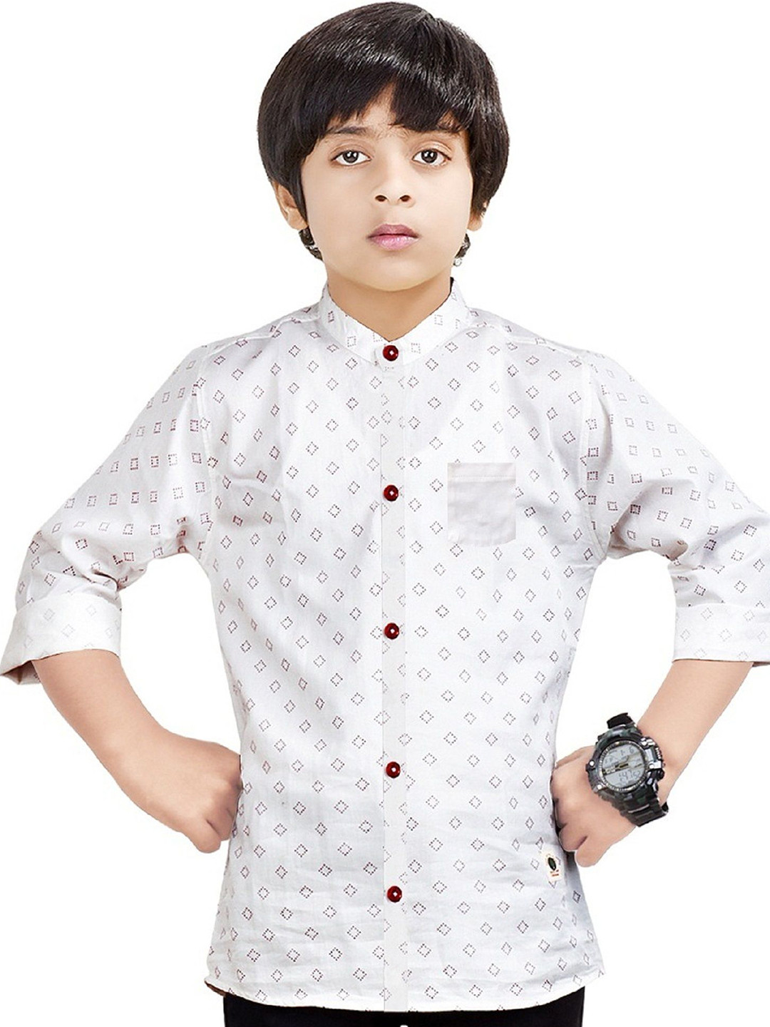 MADE IN THE SHADE Boys Band Collar Geometric Printed Cotton Casual Shirt