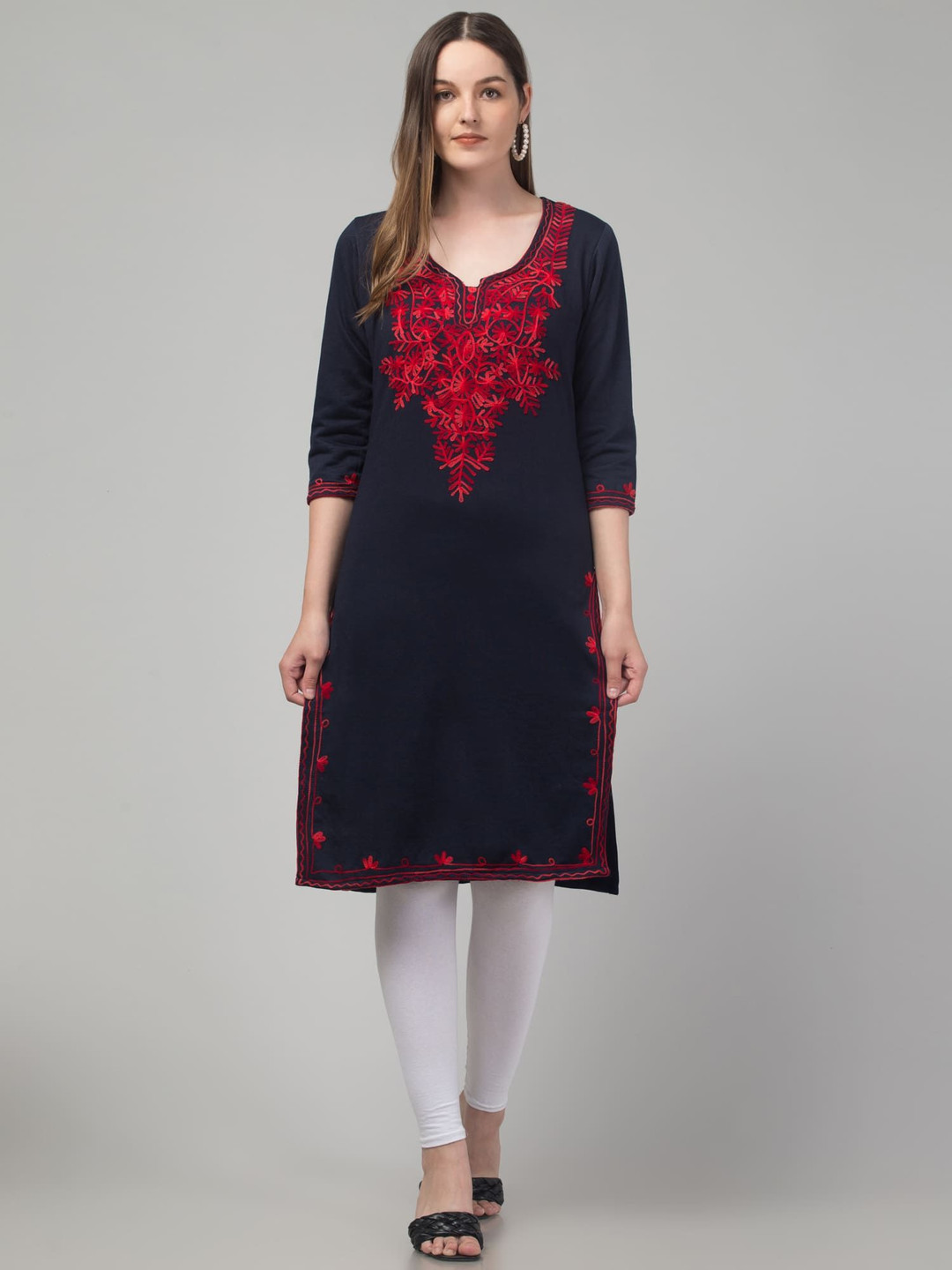 FAMBEE Embroidered Notch Neck Woolen Straight Kurta