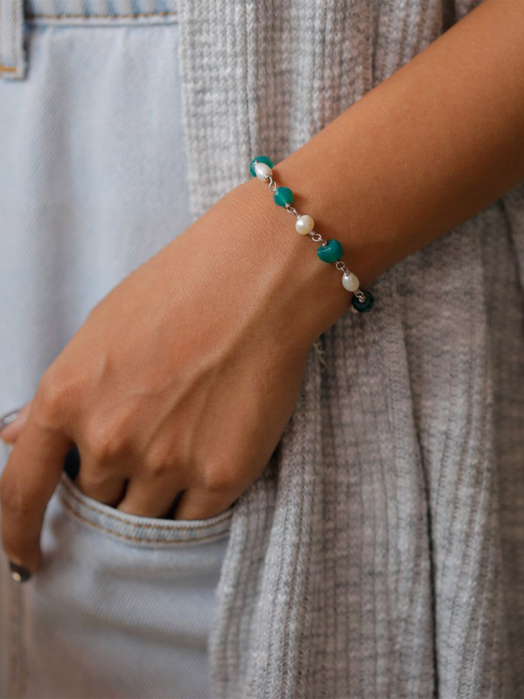 House of Aadyaa Women  Beaded 925 sterling Silver Wraparound Bracelet