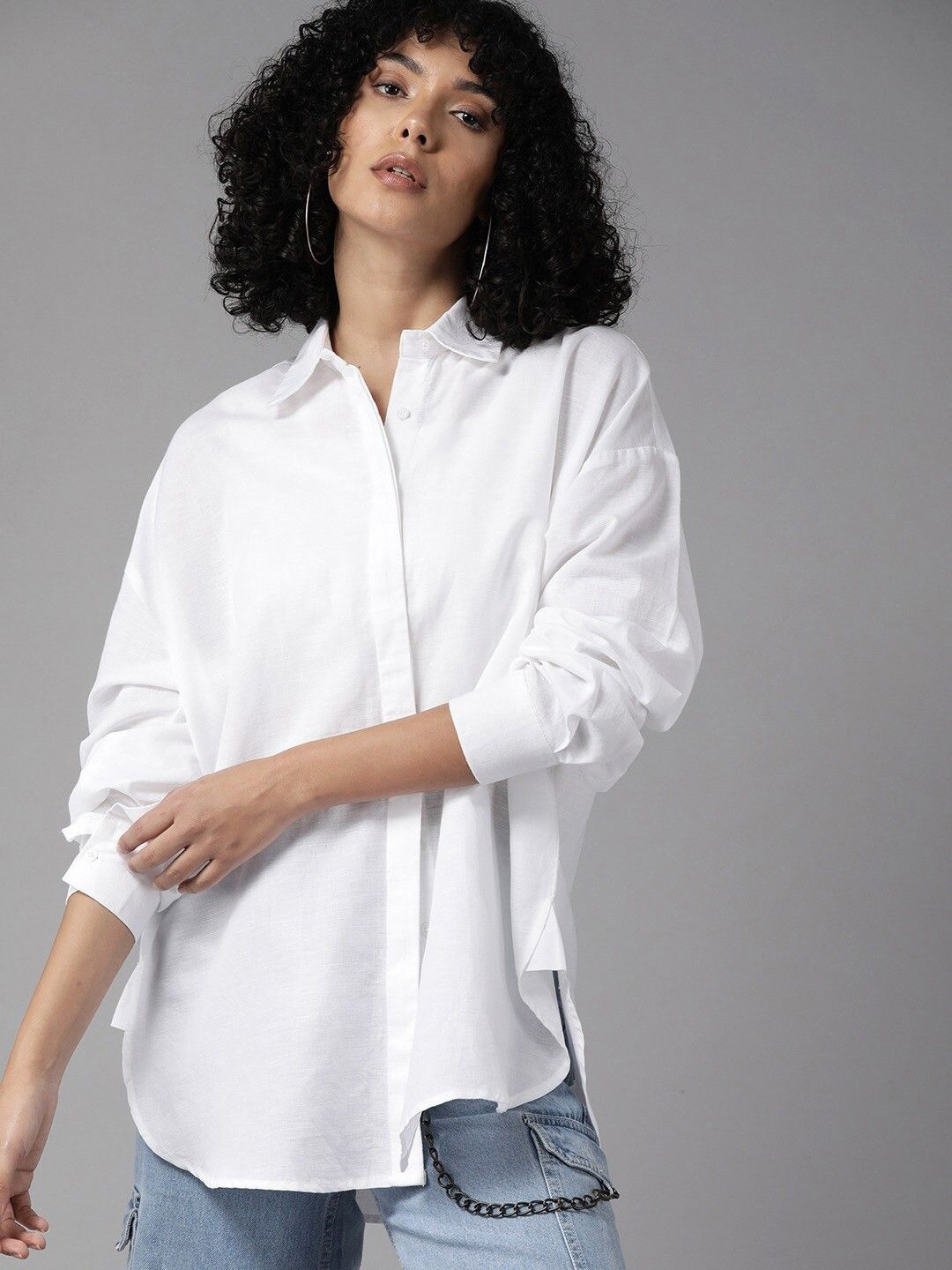 NANCHI Women Comfort Oversized Fit Spread Collar Solid Cotton Casual Shirt