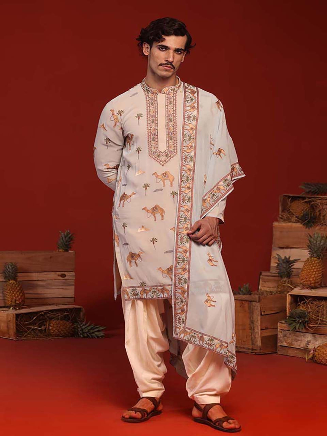 KALPRAAG Veerendra Floral Embroidered Mandarin Collar Kurta with Patiala & Dupatta