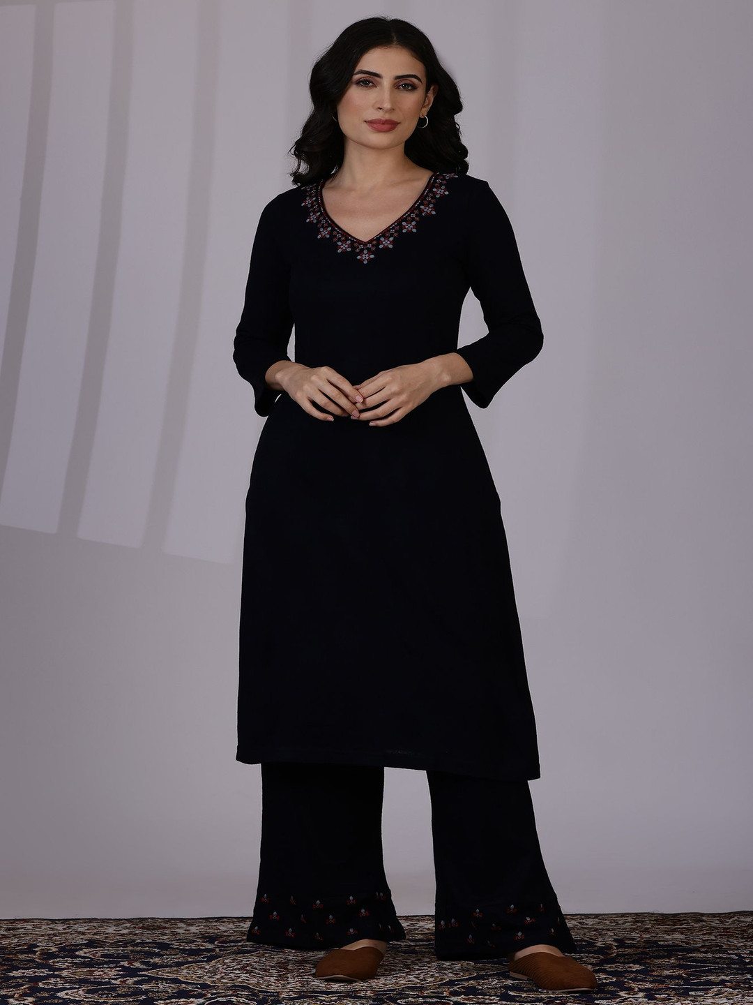 W Thread Work V-Neck A-line Kurta With Palazzo