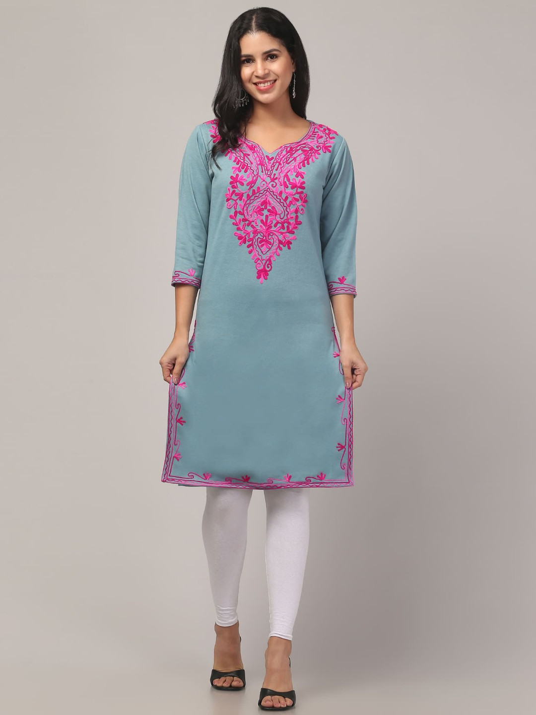 FAMBEE  Embroidered Notch Neck Woolen Straight Kurta