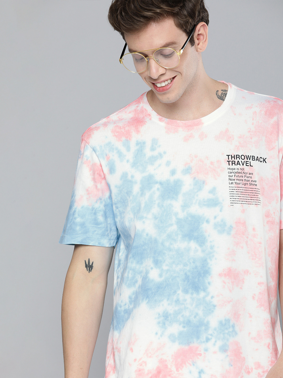 Mast  Harbour Men White  Blue Dyed Cotton Cotton T-shirt With Placement Print