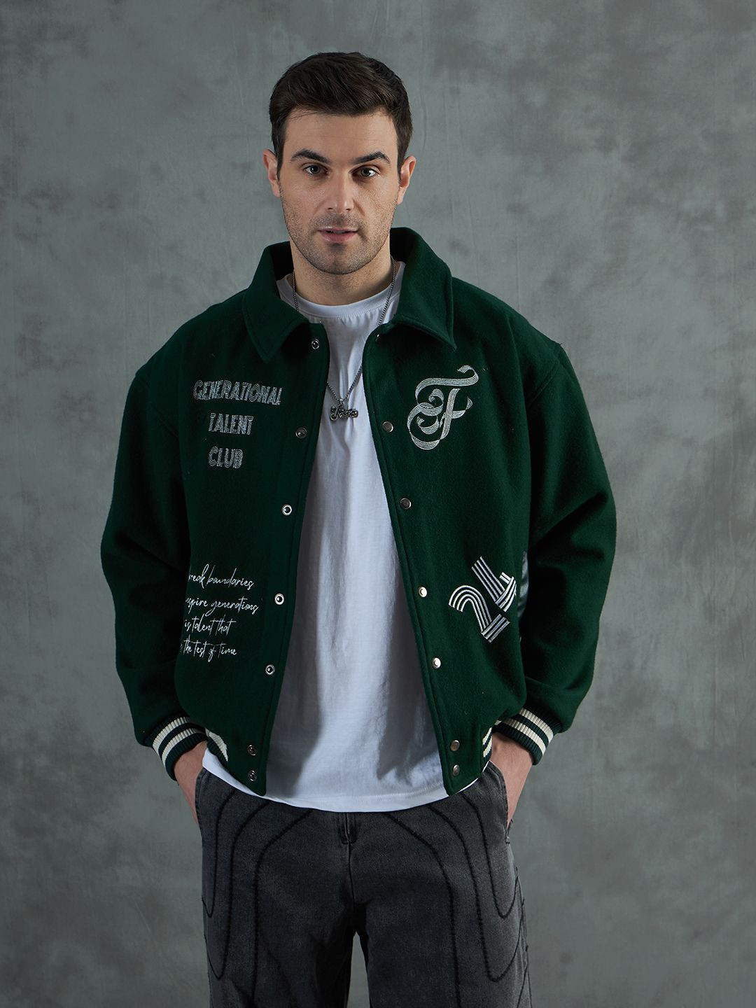 FUGAZEE Men Spread Collar Typography Printed Cotton Bomber Jacket - Image 1