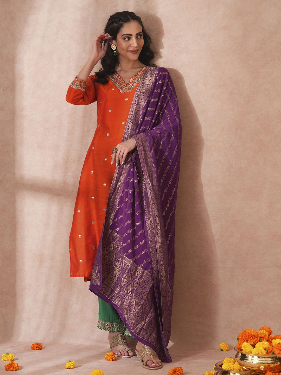 FASHOR Ethnic Motifs Printed Sequenned V-Neck Straight Kurta with Trousers and Dupatta