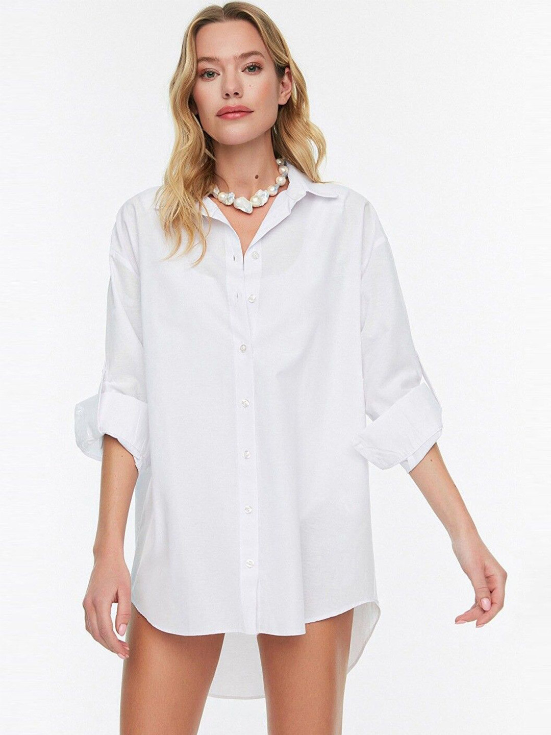 NANCHI Women Comfort Oversized Fit Spread Collar Solid Cotton Casual Shirt