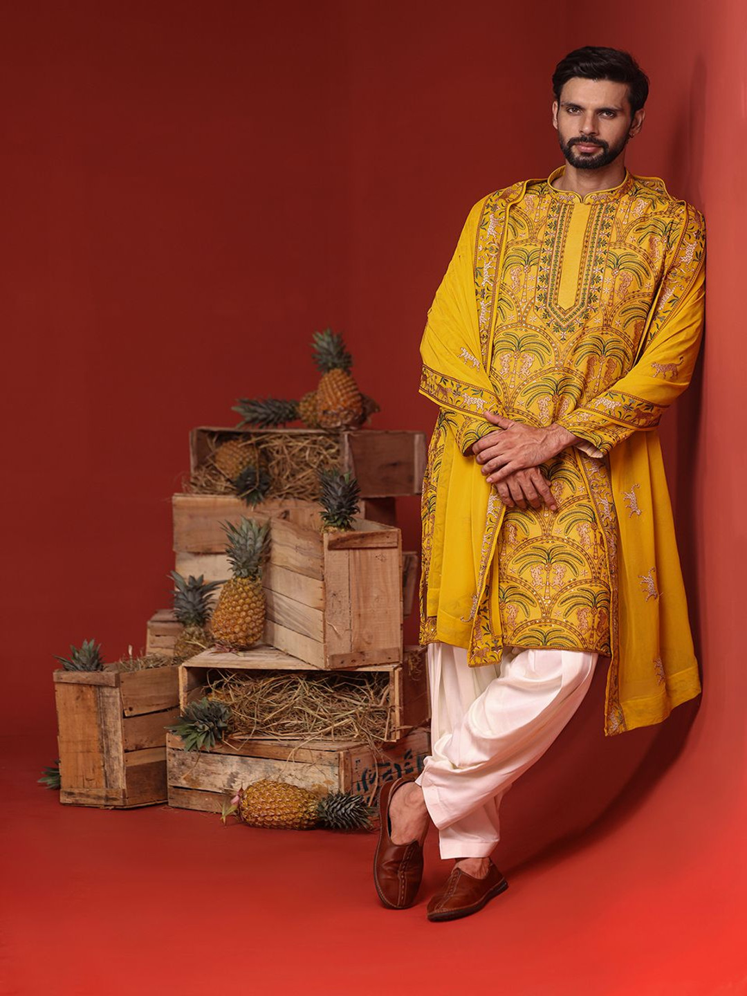KALPRAAG Chaitanya Floral Embroidered Mandarin Collar Kurta with Patiala & Dupatta