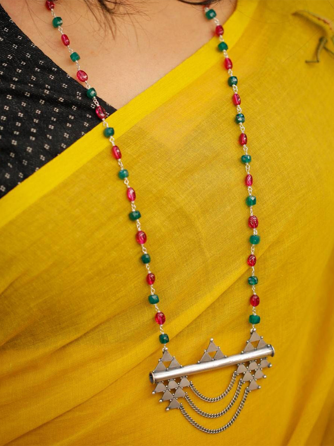 House of Aadyaa 92.5 Sterling Silver Onyx and Garnets Necklace