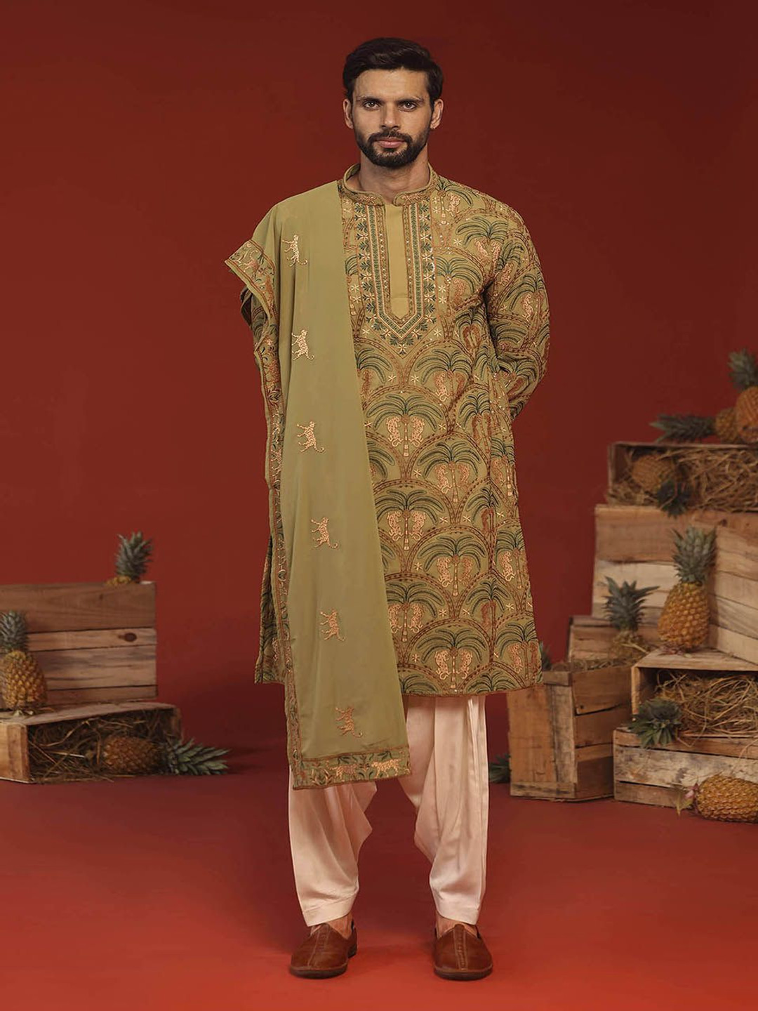 KALPRAAG Anvay Floral Embroidered Sequinned Mandarin Collar Kurta with Patiala & Dupatta