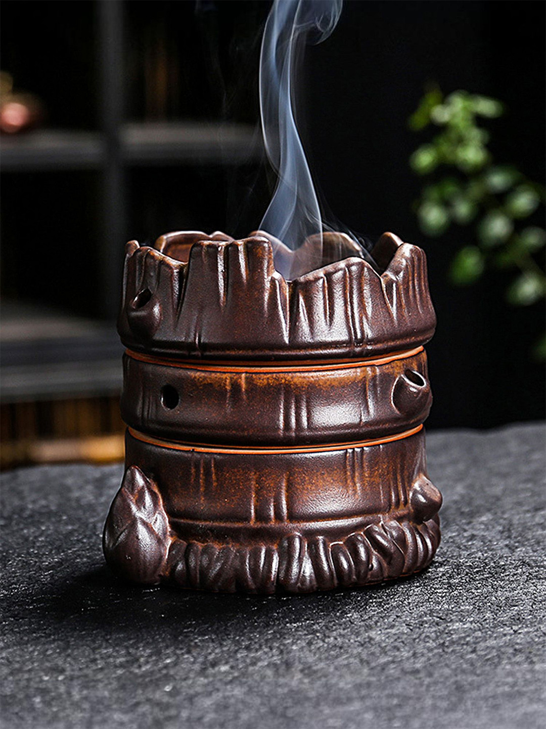 Ekhasa Brown Textured Ceramic Dhoop Dani Loban Burner Holder Stand