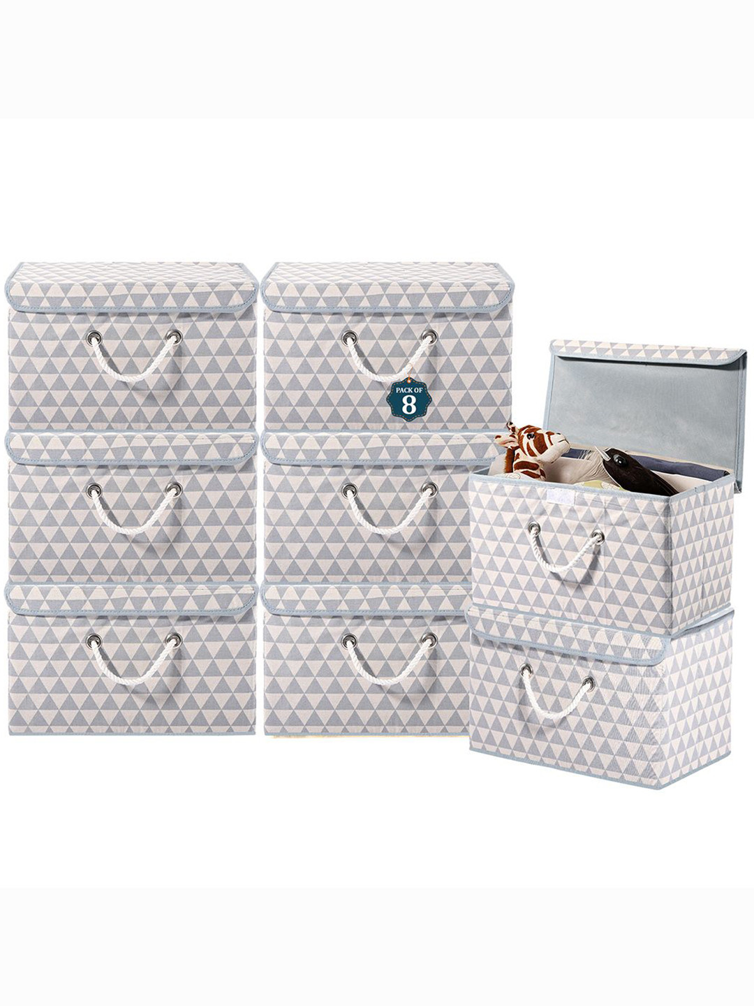 Kuber Industries Grey Set of 8 Reusable Drawer Organiser Triangle Print Storage Basket