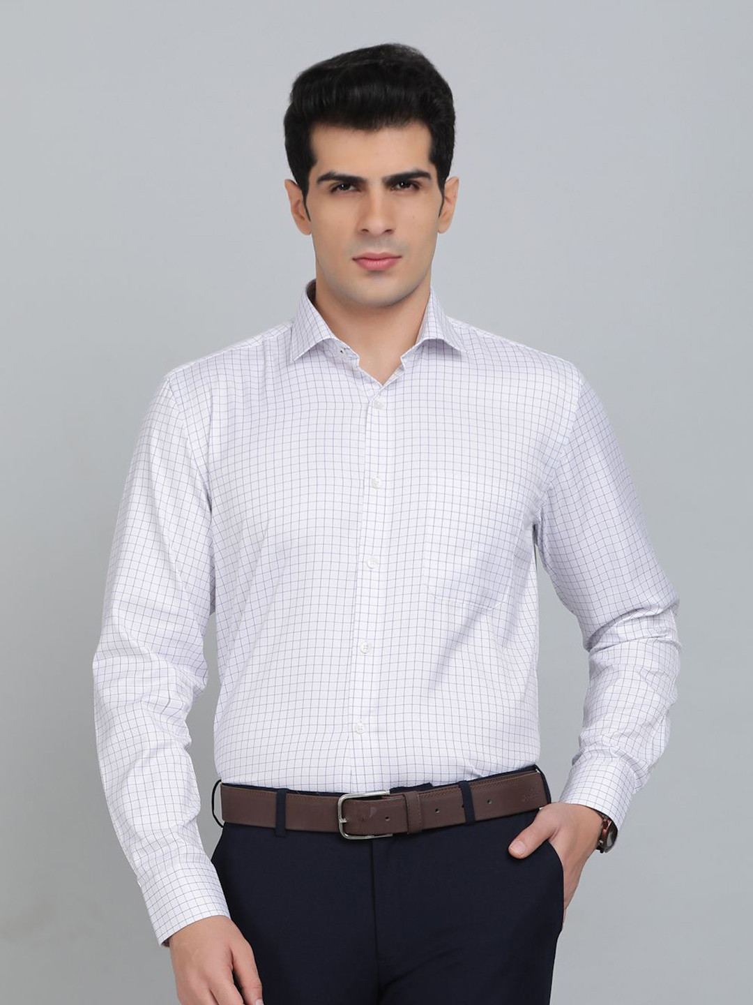 Greenfibre Men Spread Collar Grid Tattersall Checked Slim Fit Cotton Formal Shirt