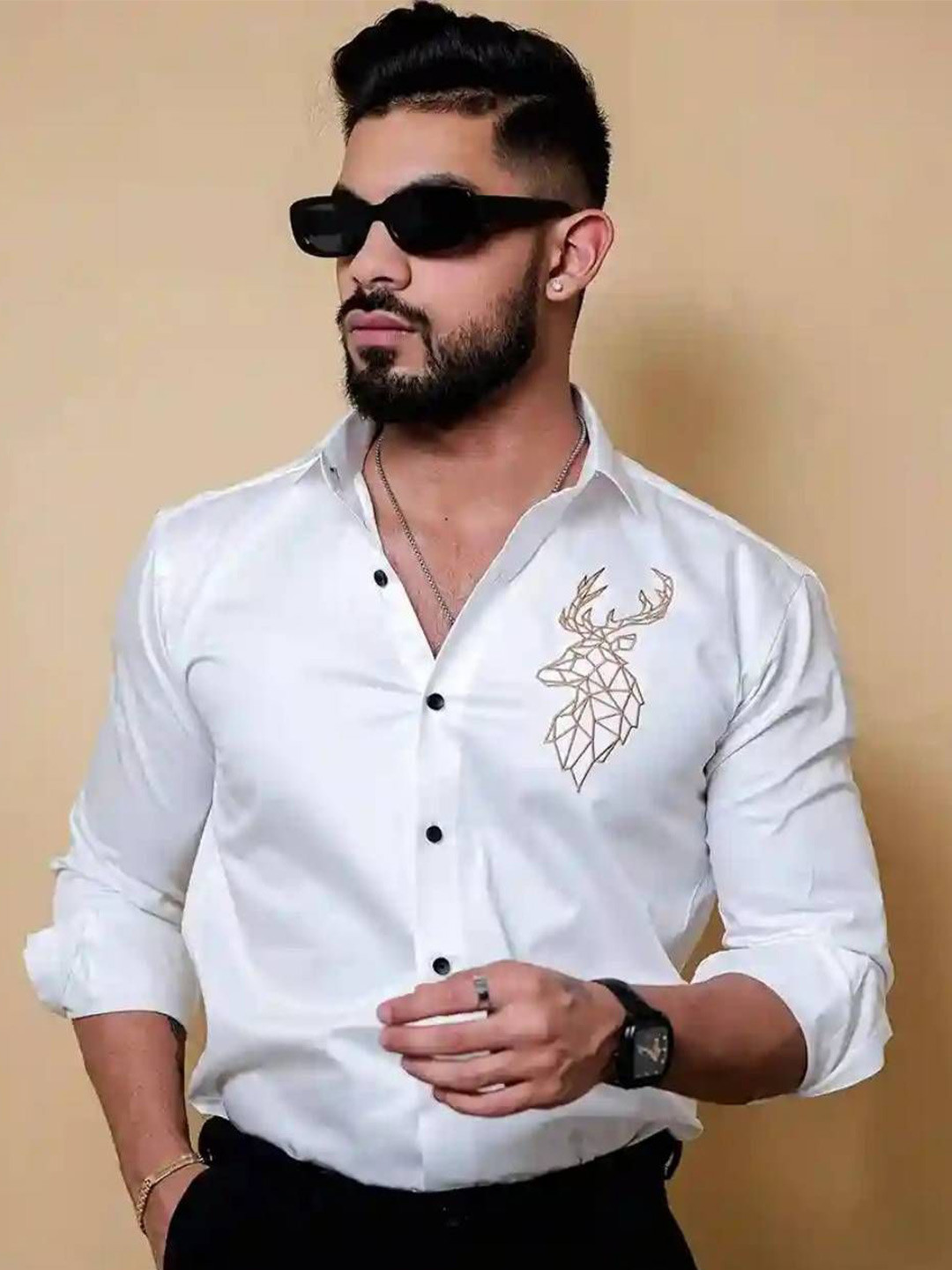 Foomer Deer Embroidered Cotton Shirt