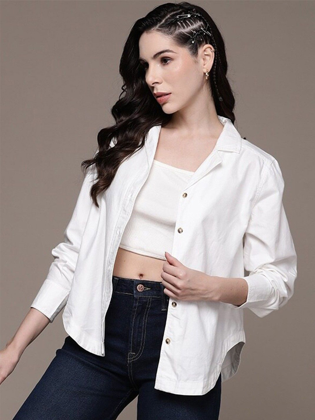 NANCHI Women Classic Boxy Fit Cuban Collar Solid Cotton Casual Shirt