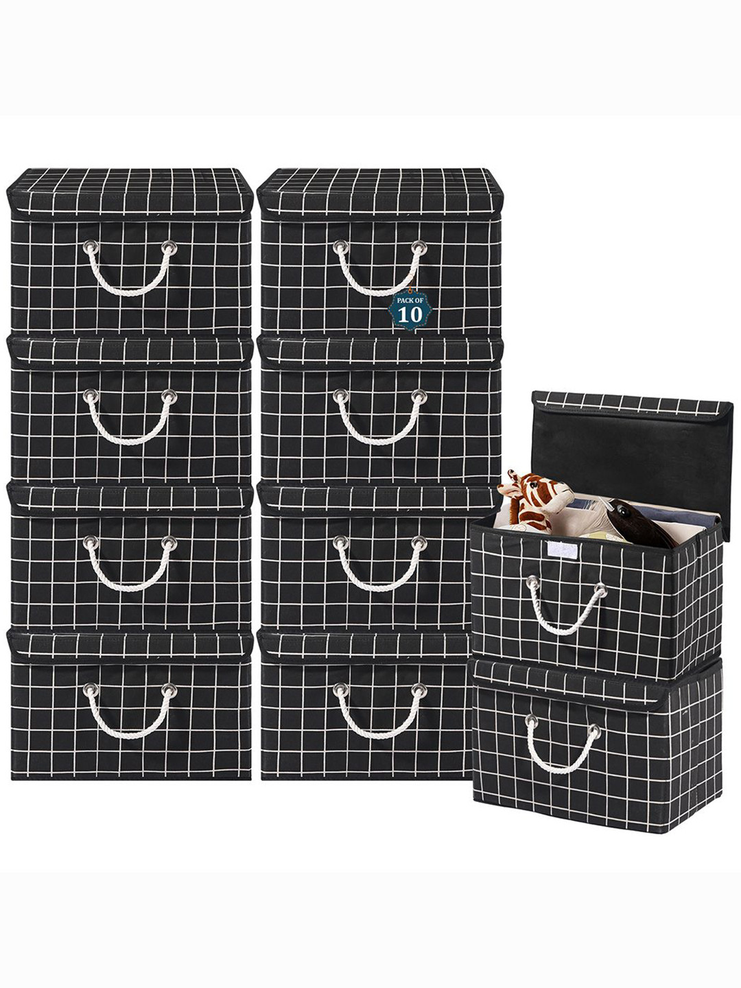 Kuber Industries Black Set of 10 Reusable Drawer Organiser Check Print Storage Basket