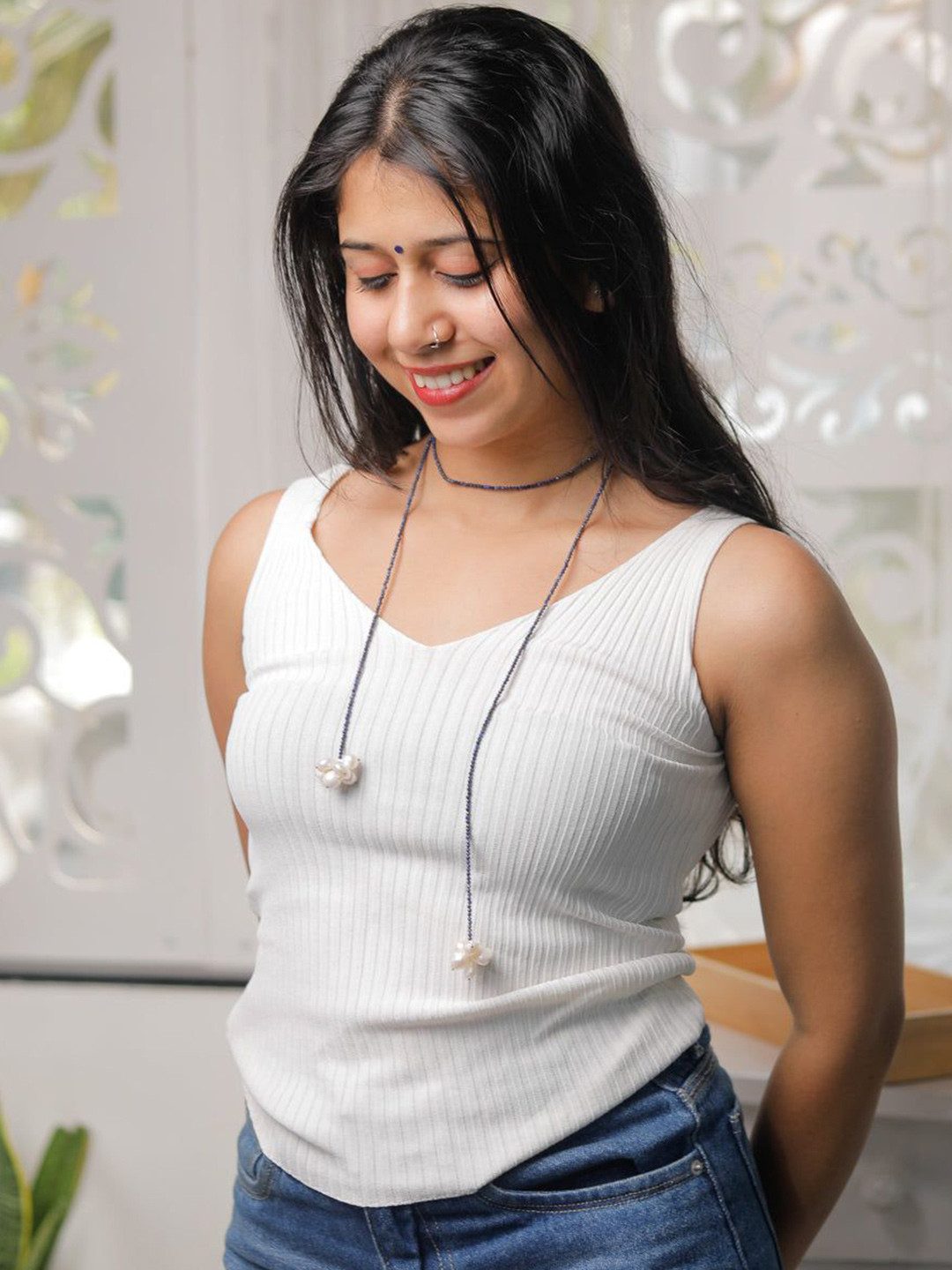 House of Aadyaa 92.5 Sterling Silver Lapis Lazuli & Pearls Minimal Necklace