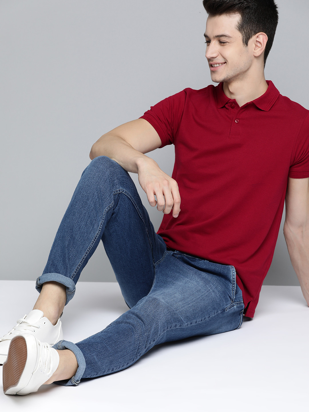 Mast & Harbour Men Maroon Handcrafted Polo Collar Solid T-shirt