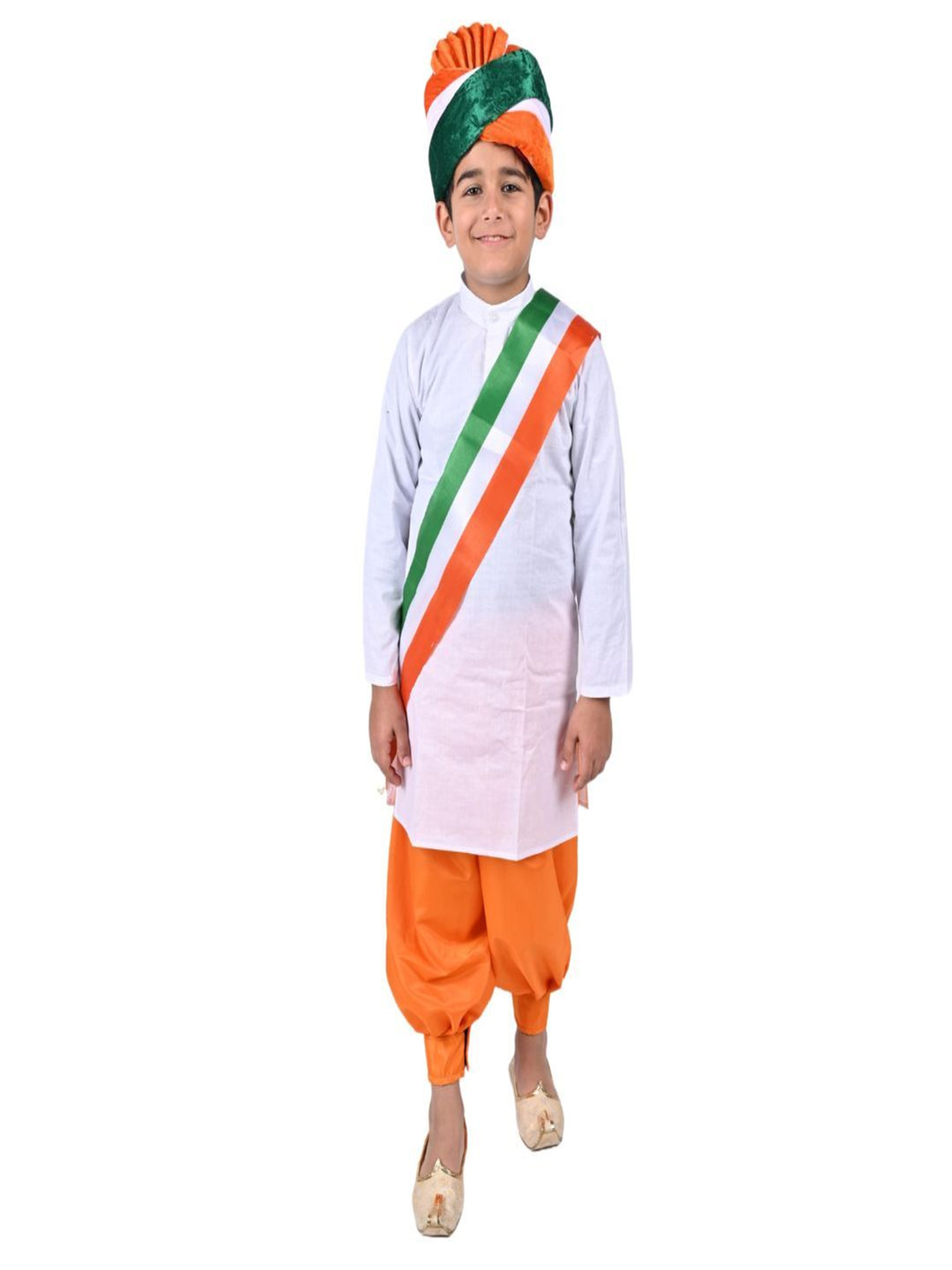 Itsmycostume White Straight Kurta With Dhoti Pant And Tri-Color Sash And Turban