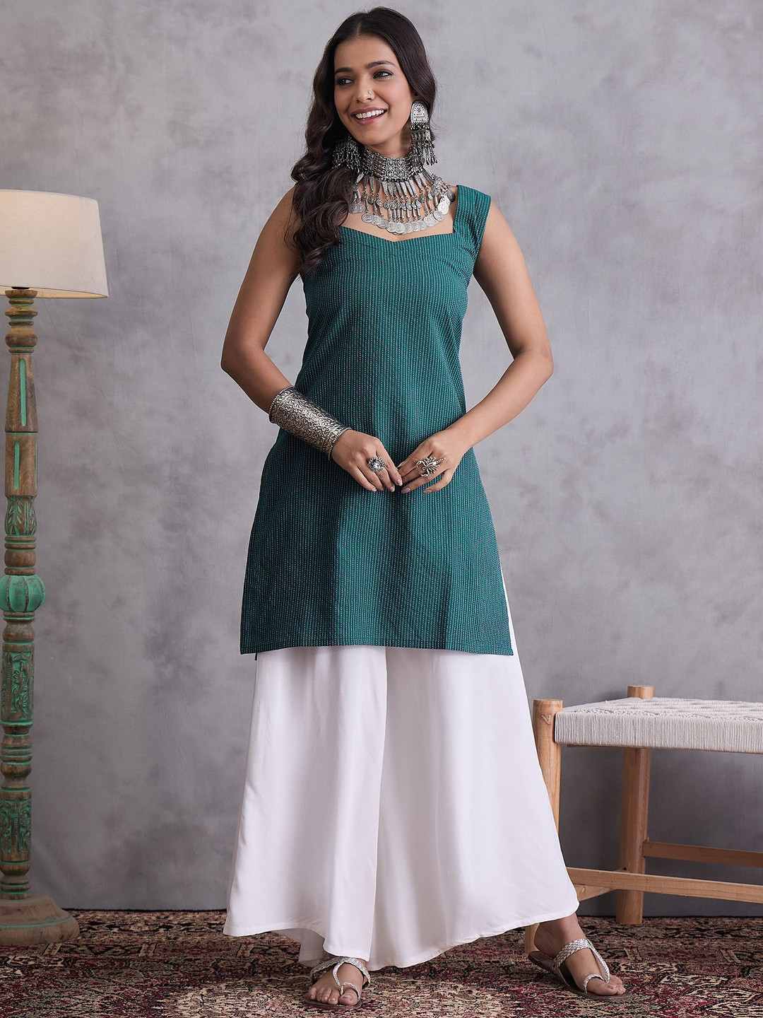 InWeave Striped Pure Cotton Straight Kurti With Palazzo