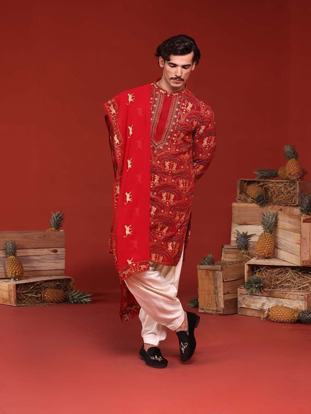 KALPRAAG Shikhar Quirky Embroidered Mandarin Collar Kurta with Patiala & Dupatta