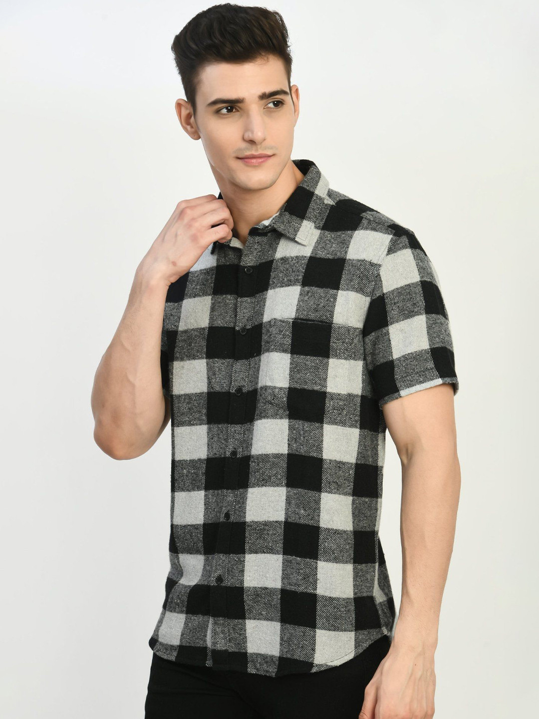 elioop Men New Slim Fit Spread Collar Gingham Checked Cotton Casual Shirt