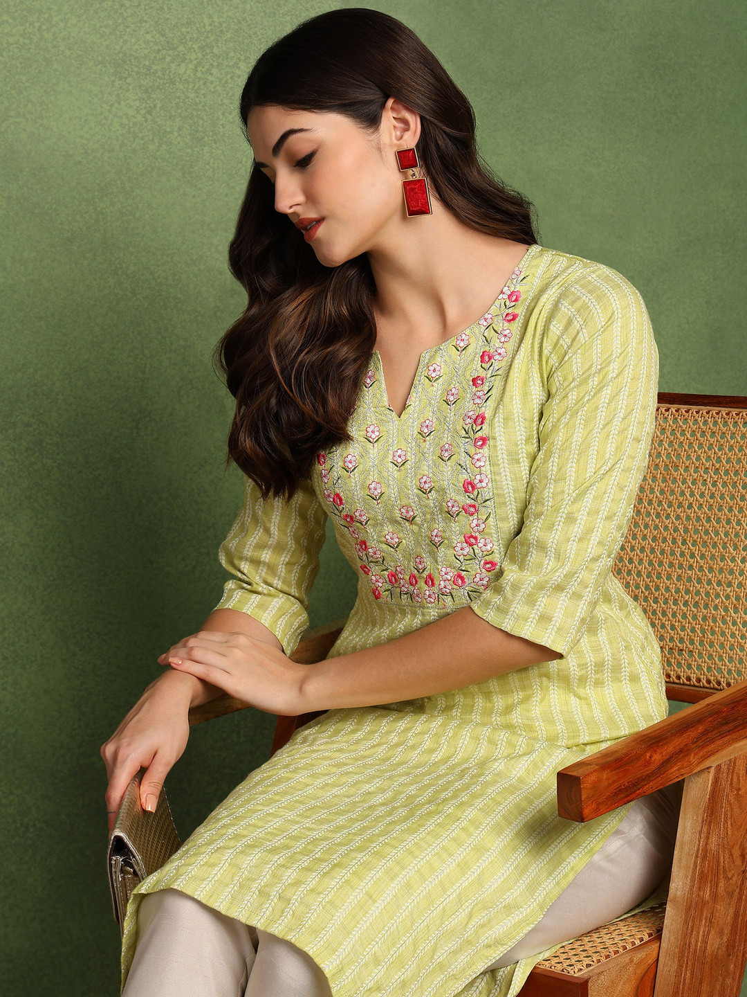 VINH FASHION Floral Embroidered Notch Neck Pure Cotton Straight Kurta