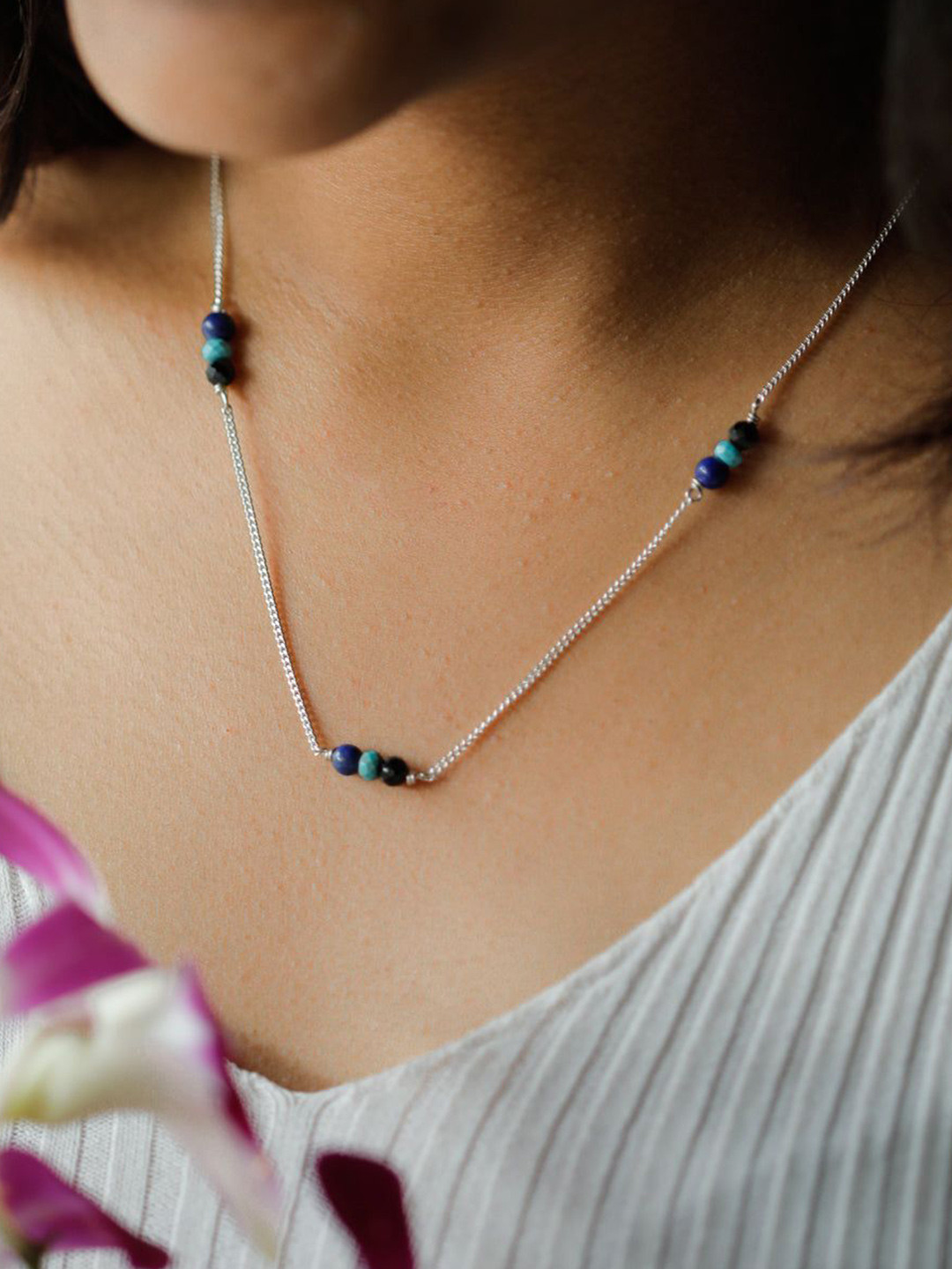 House of Aadyaa 92.5 Sterling Silver Turquoise, Lapis Lazuli and Spinels Minimal Chain