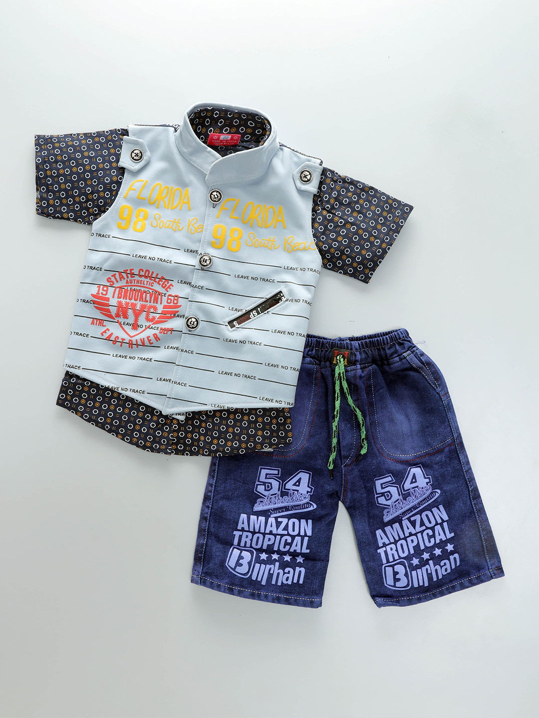 Usman Harooni Collection Boys Printed Mandarin Collar Shirt With Shorts