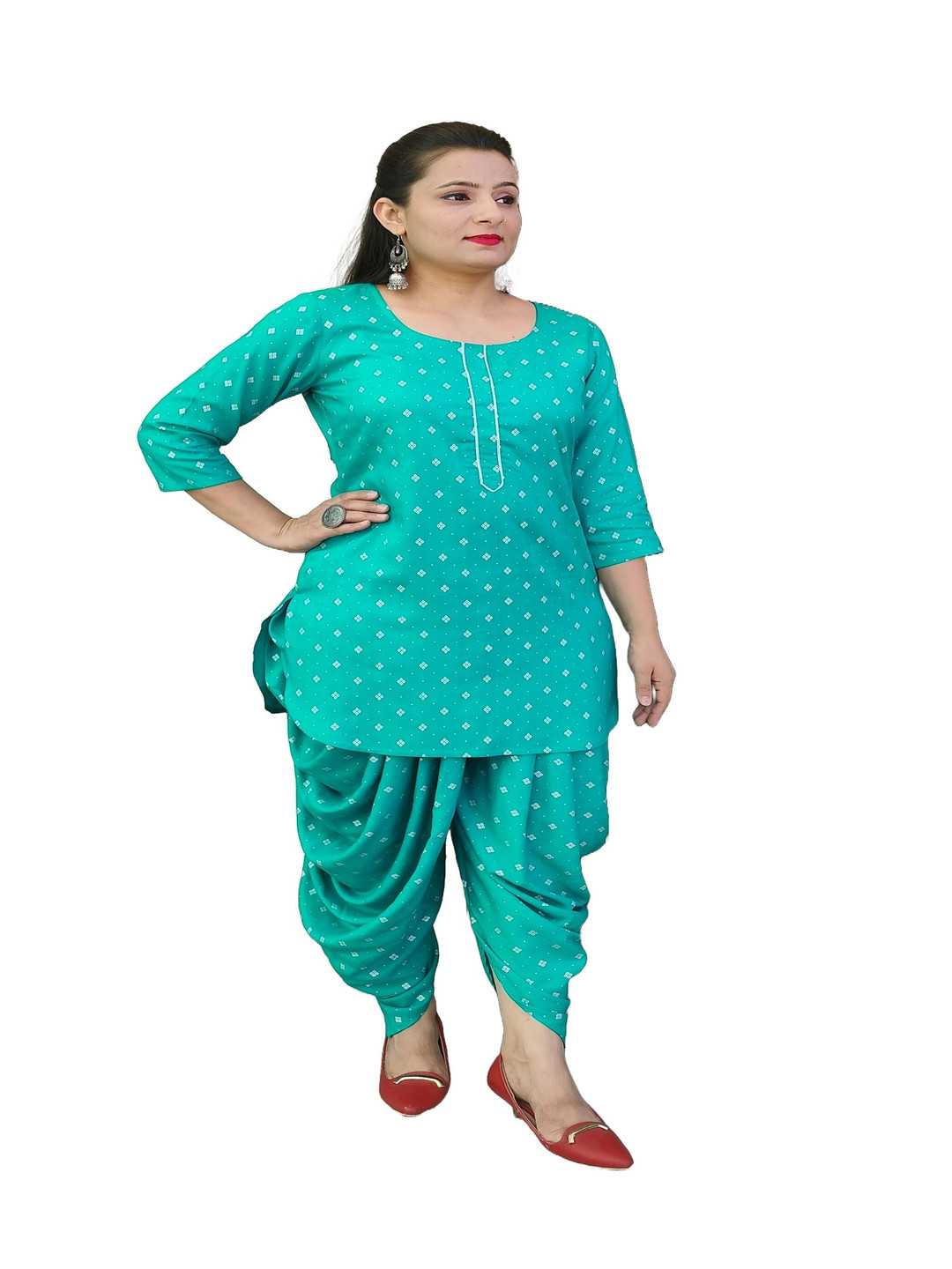MUKA Floral Printed Round Neck Straight Fusion Kurti With Dhoti Pants