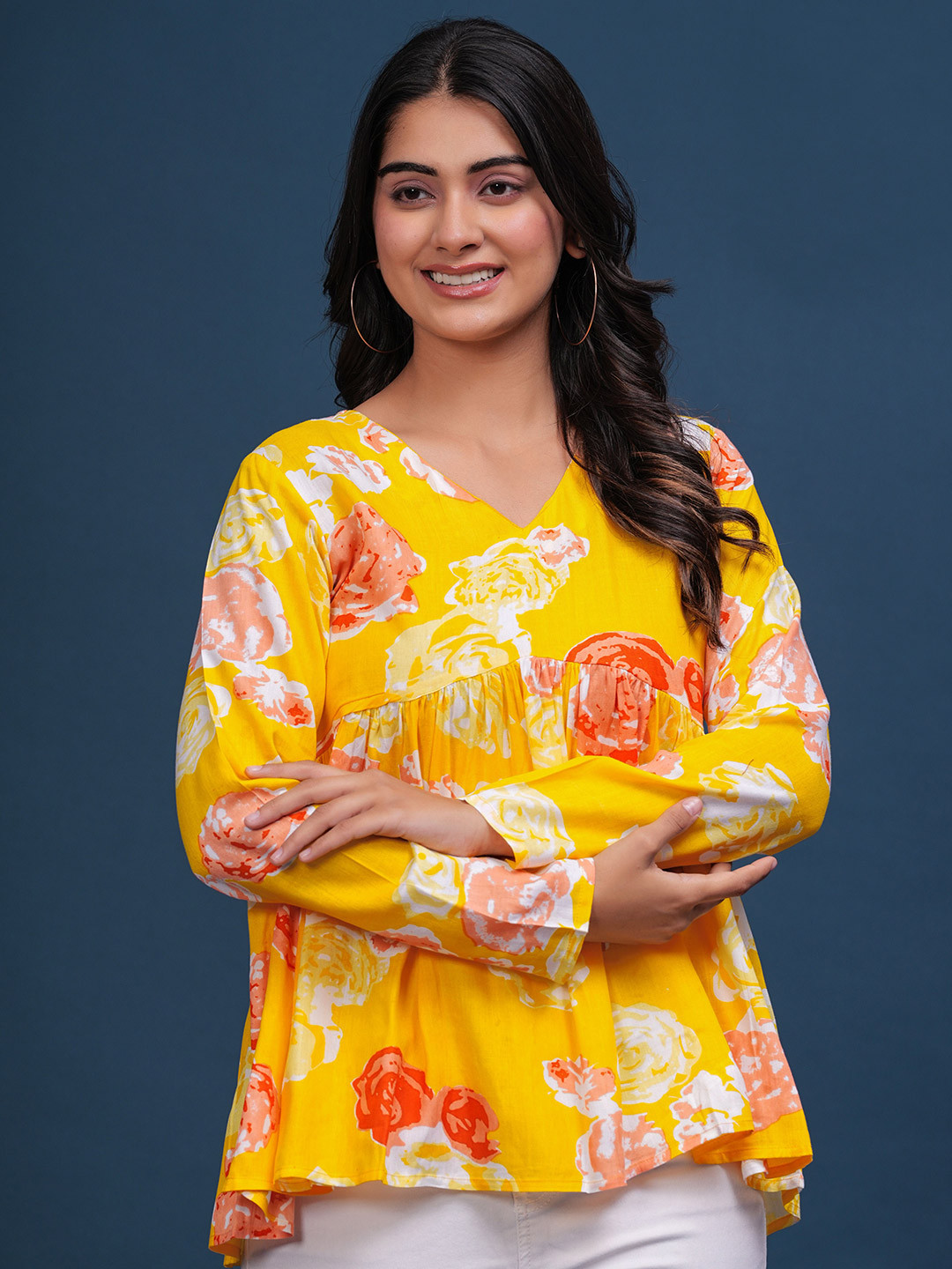 PINGAKSH Women Floral Printed Puff Sleeve Cotton Peplum Top