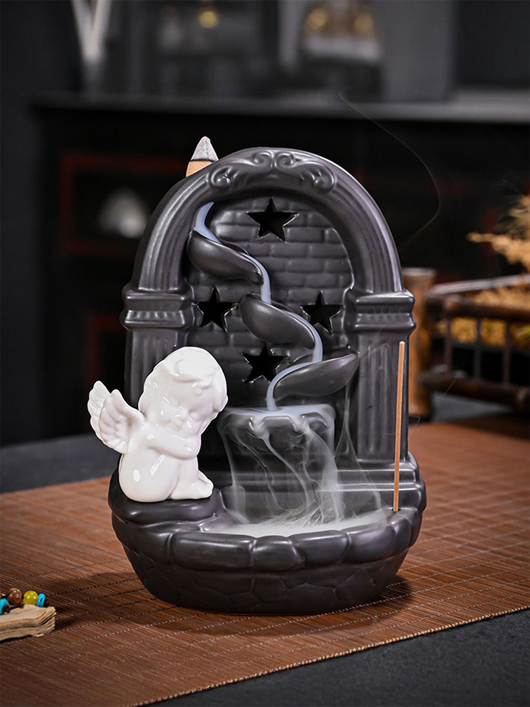 Ekhasa Black Cupid Angel Ceramic Incense Backflow Smoke Fountain with LED Lights