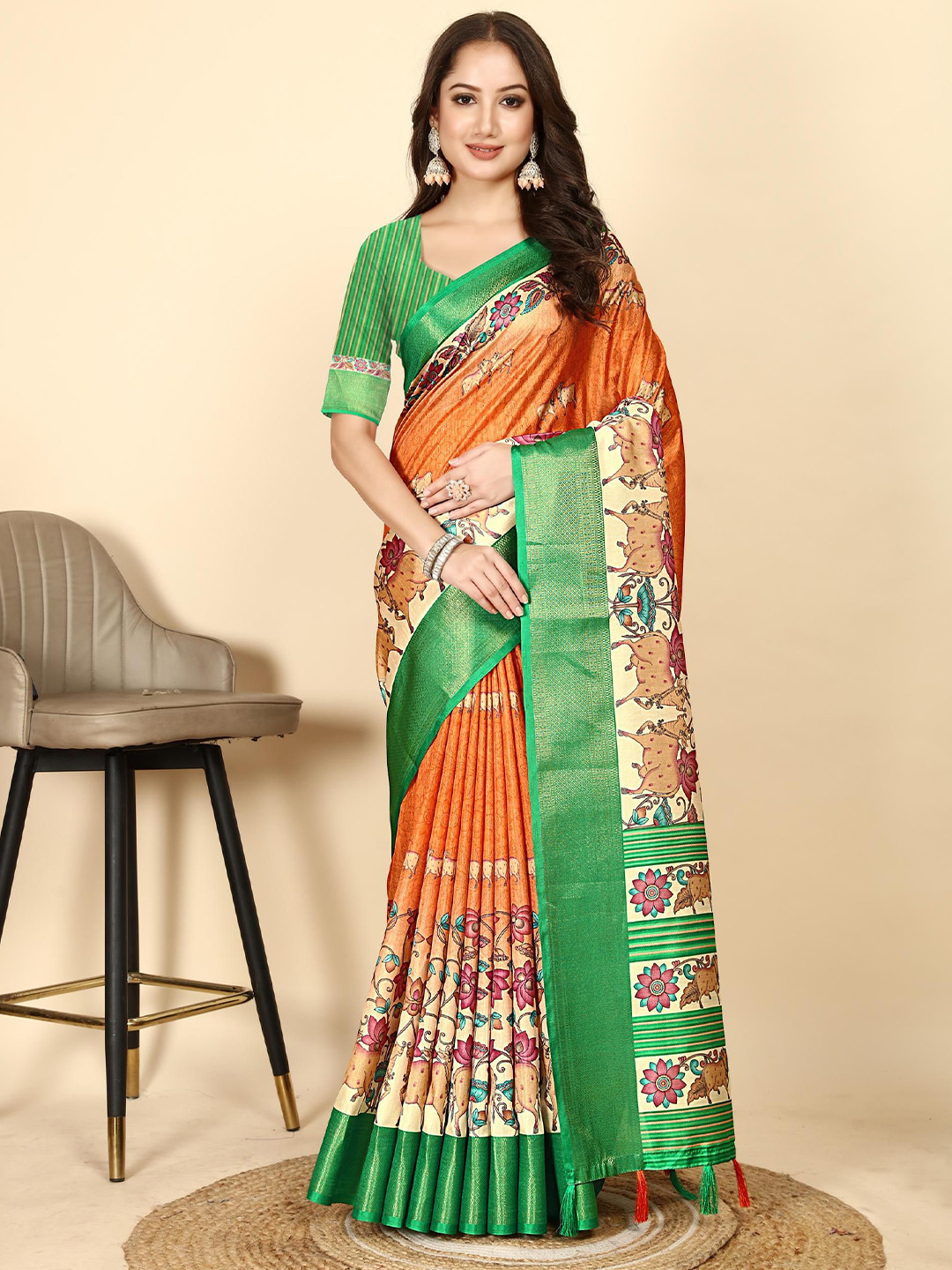 J 6 DESIGNER Floral Zari Art Silk Block Print Saree