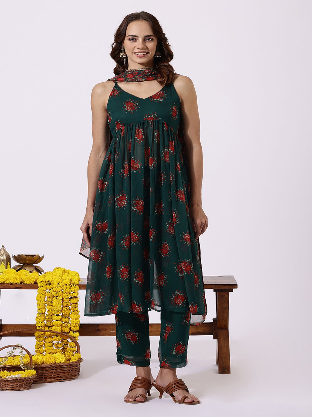 W Floral Floral Printed Shoulder Straps Empire A-Line Kurta With Trousers & Dupatta